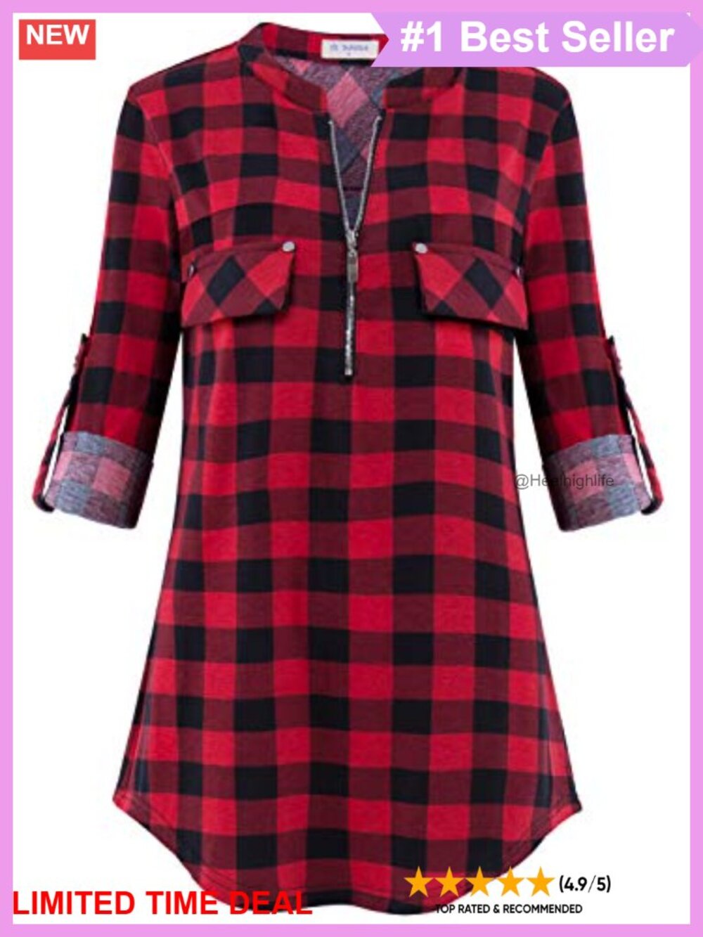 Womens Plaid Tunic Blouse Mandarin Collar Zip V-Neck 3/4 Sleeve Work Top